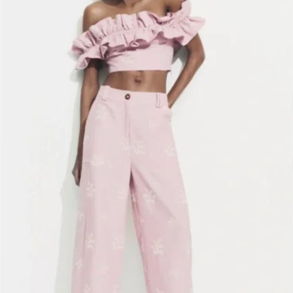 Zara embroidered linen blend pants